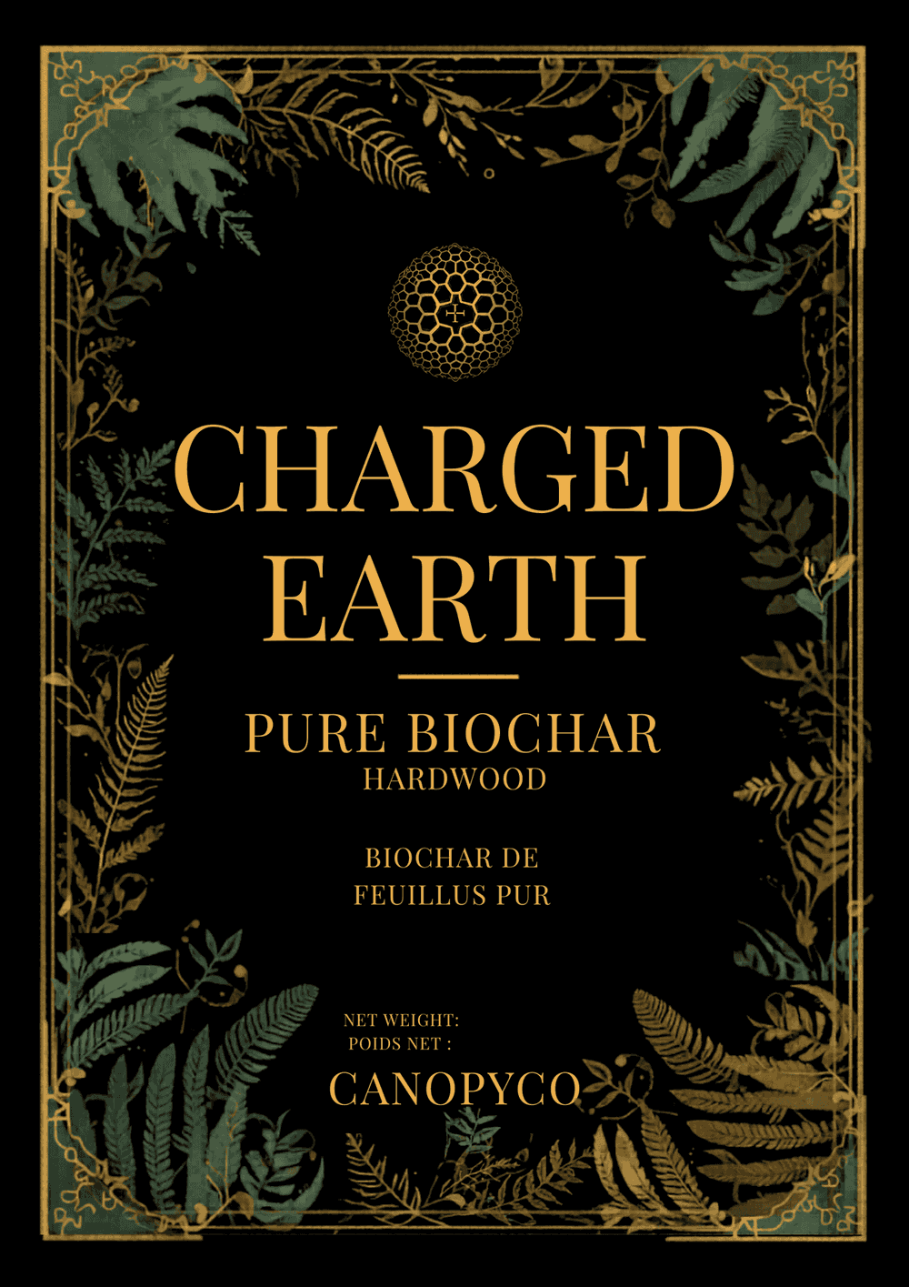 Charged Earth Pure Biochar 6.5 L matte-black bag with antique-gold wordmark